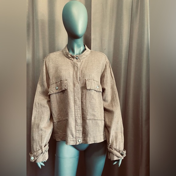 Nicole Miller Jackets & Blazers - Nicole Miller XL Utility Jacket Tan Linen Relaxed Fit Minimalist Modern Neutral